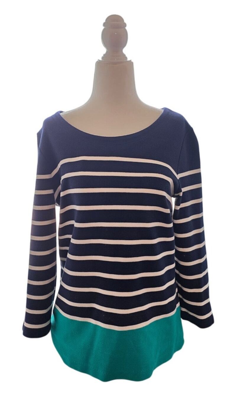 Talbots Women's Medium Navy White Green Striped Knit Sweater Boat Neck Coastal